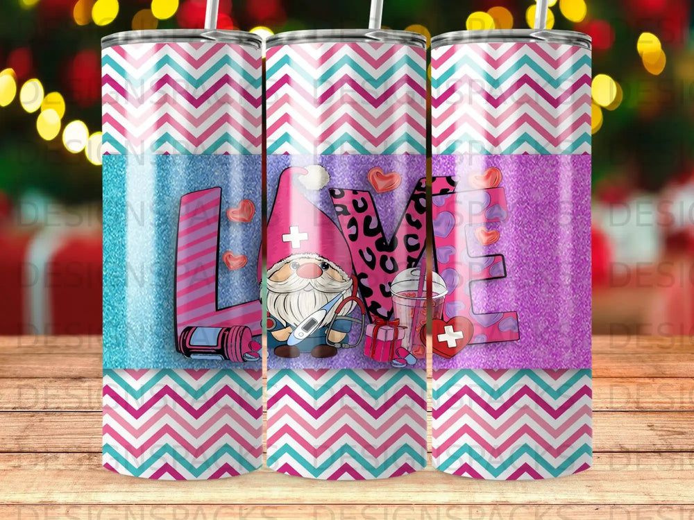 Three tumblers with pink and blue chevron patterns and "LOVE" spelled out with a gnome and medical symbols.