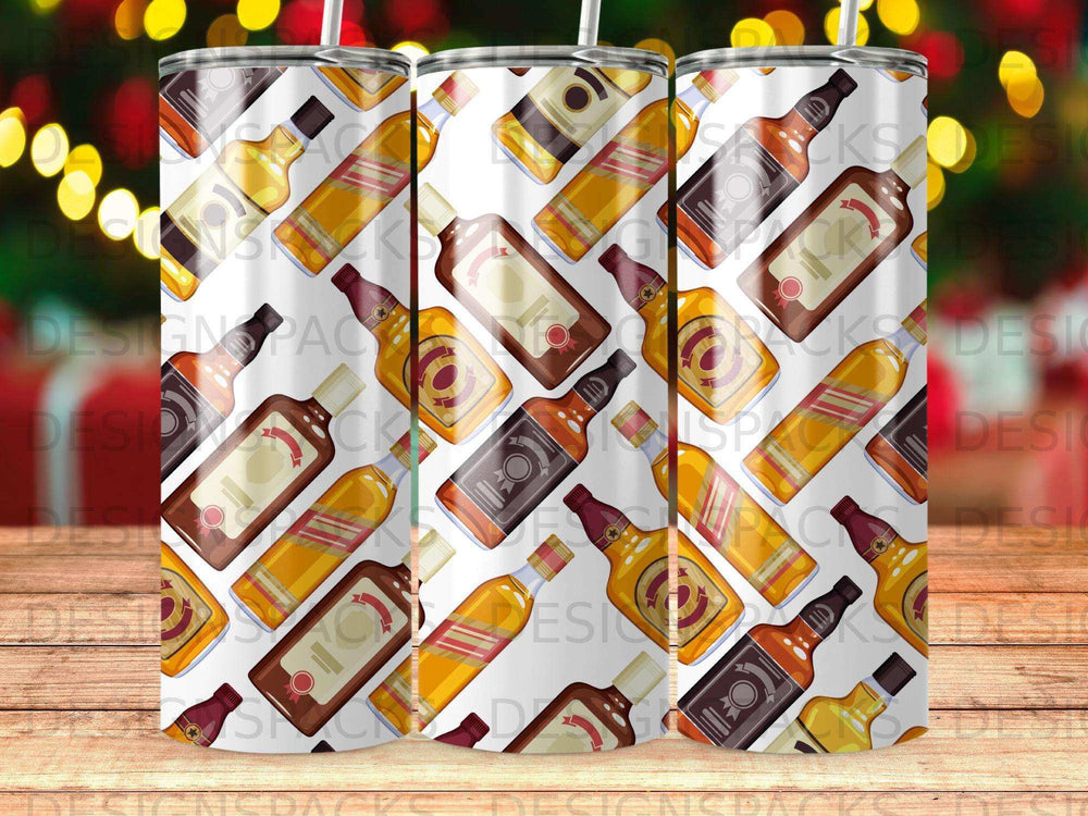 Pattern of whiskey bottles with labels and yellow and brown swirls.