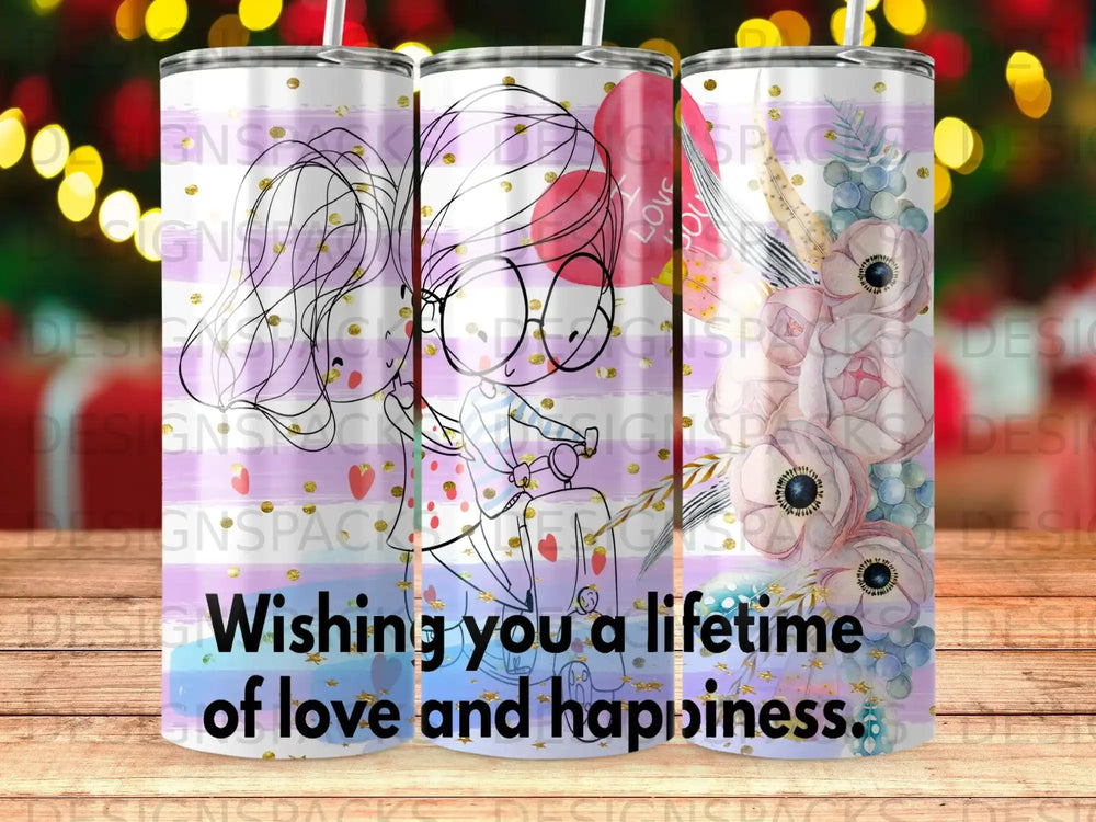 Illustration of a girl on a scooter with floral accents and text "Wishing you a lifetime of love and happiness."