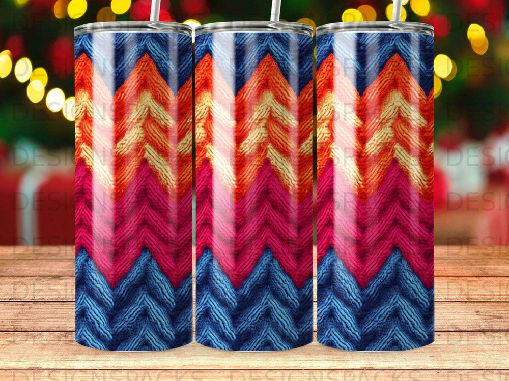 Tumbler with a red, blue, and yellow chevron pattern.