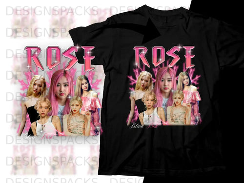 Blackpink's Rosé on a black t-shirt, text reads 