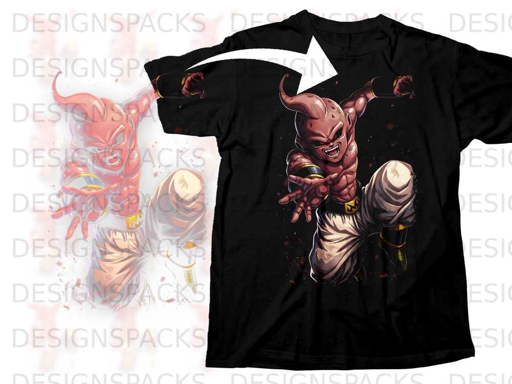 Majin Buu in a dynamic action pose on a black t-shirt.