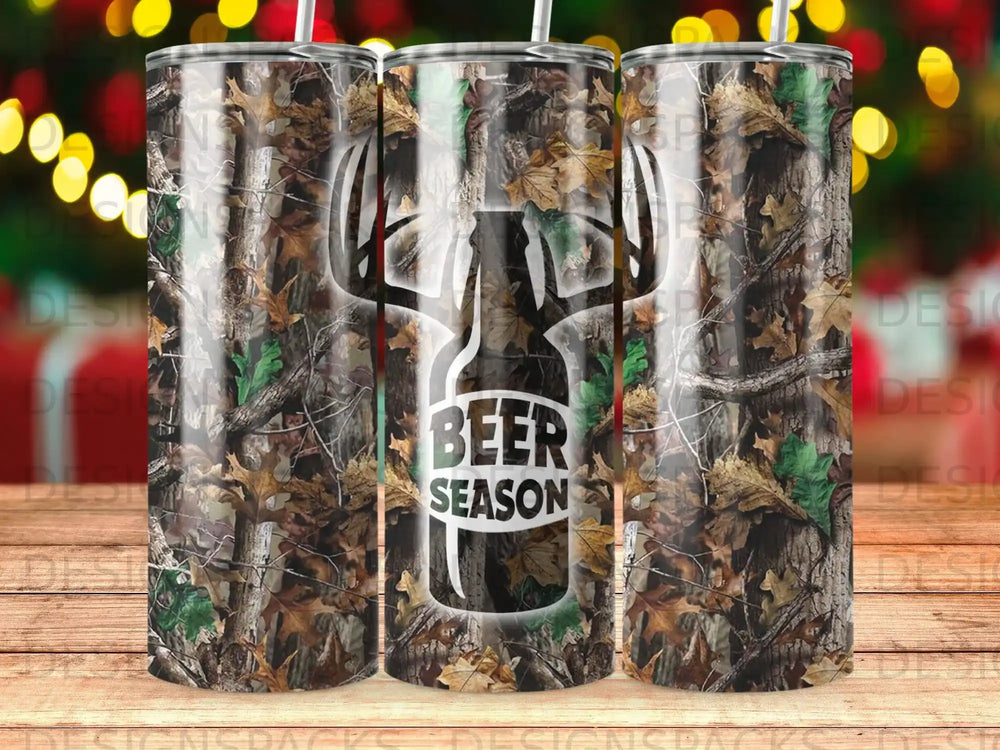 Camo tumbler with beer bottle silhouette and "Beer Season" text.