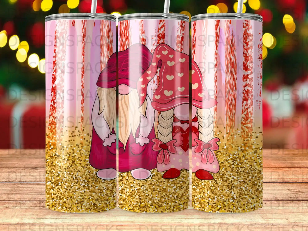 Two gnomes in pink with heart patterns, surrounded by glitter and vertical stripes.