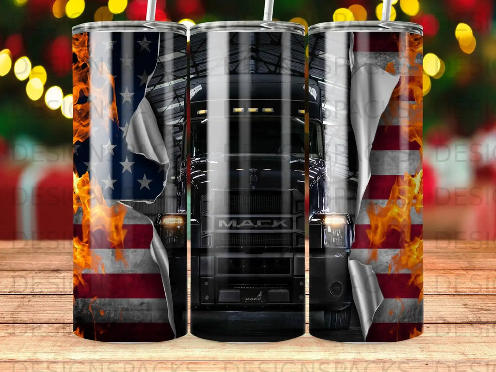 Mack truck with American flag and flames design on tumbler.