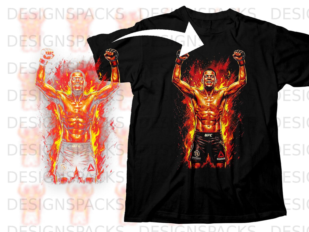 Black t-shirt with a fiery graphic of a fighter with arms raised.