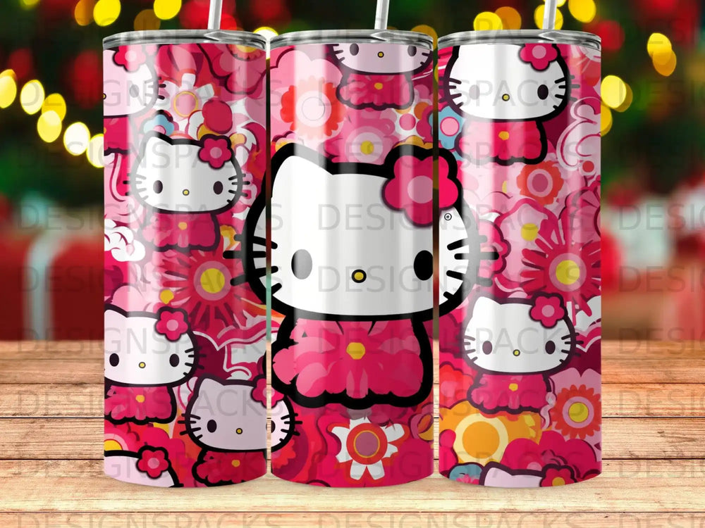 Hello Kitty faces and flowers on a pink patterned tumbler.