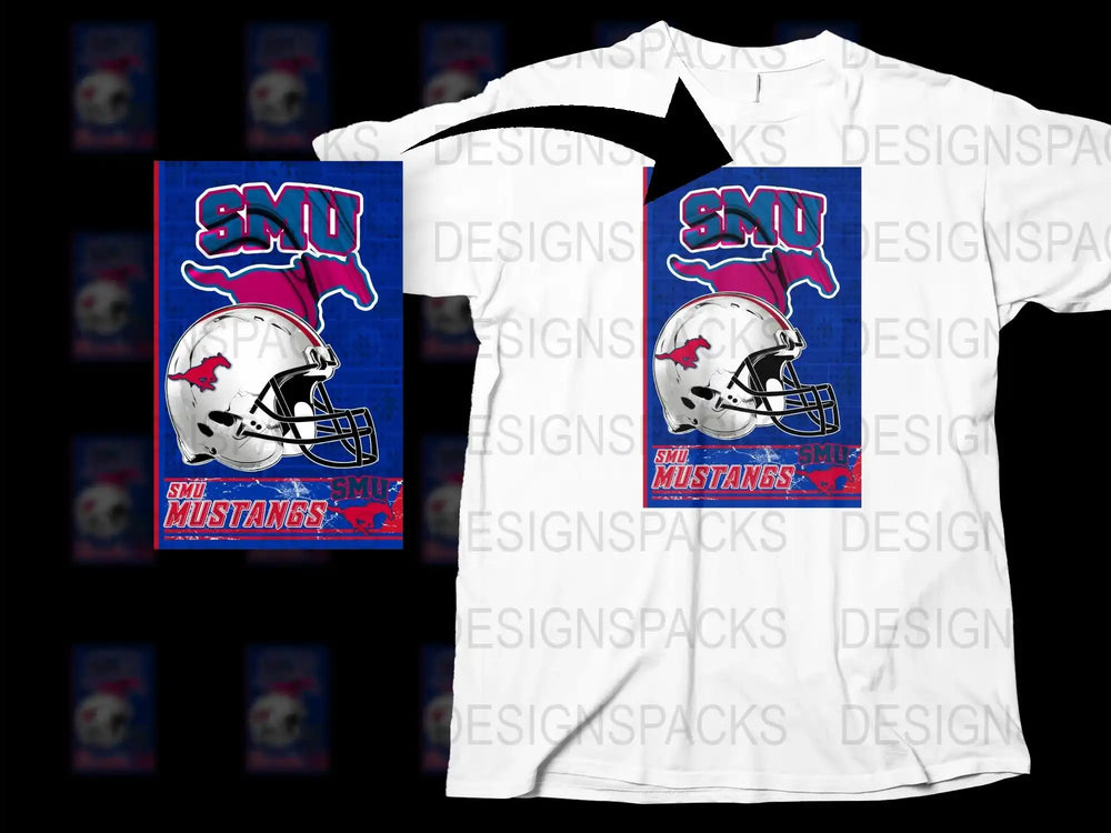 SMU Mustangs Football Team Graphic T-Shirt, College Sports Fan Apparel, White Cotton Tee