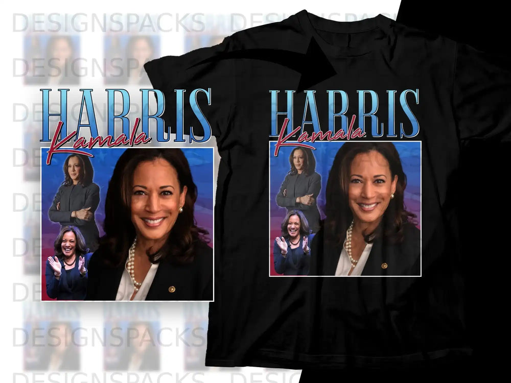 Kamala Harris portrait on black t-shirt with "Harris Kamala" text.