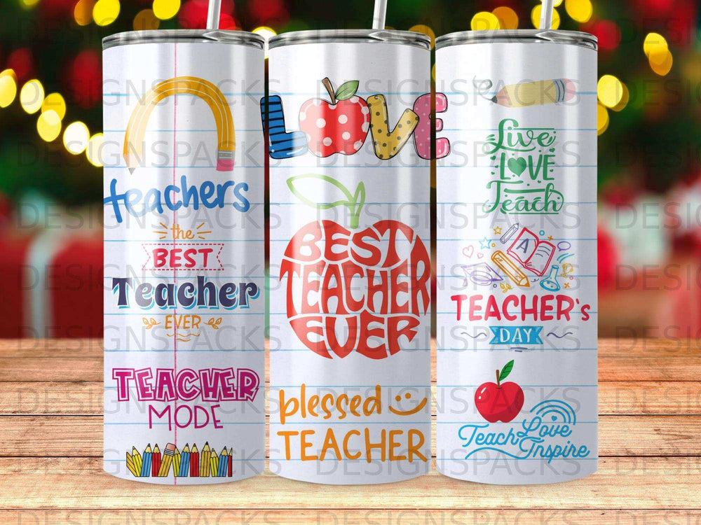 Three teacher-themed tumblers with inspirational words and colorful graphics.