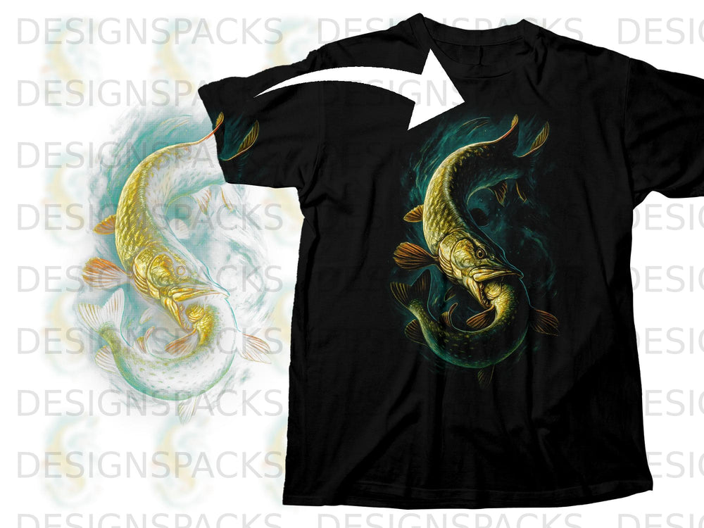 Black t-shirt featuring a detailed graphic of two predatory fish in dark water.