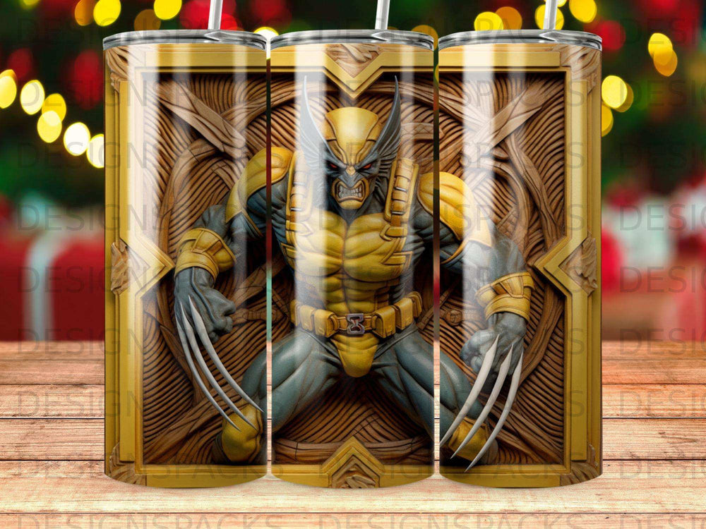 Wolverine character with claws extended against a carved wooden background.
