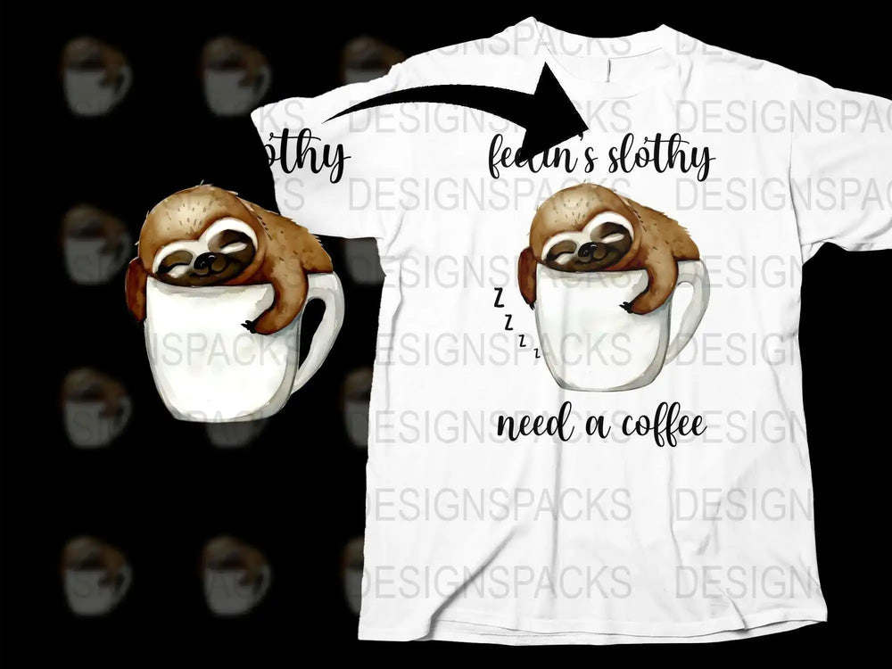 Sloth Coffee T-Shirt, Funny Sloth Hanging on Mug Design, Unisex Graphic Tee, Cute Animal Lover Gift, Casual White Shirt with Print