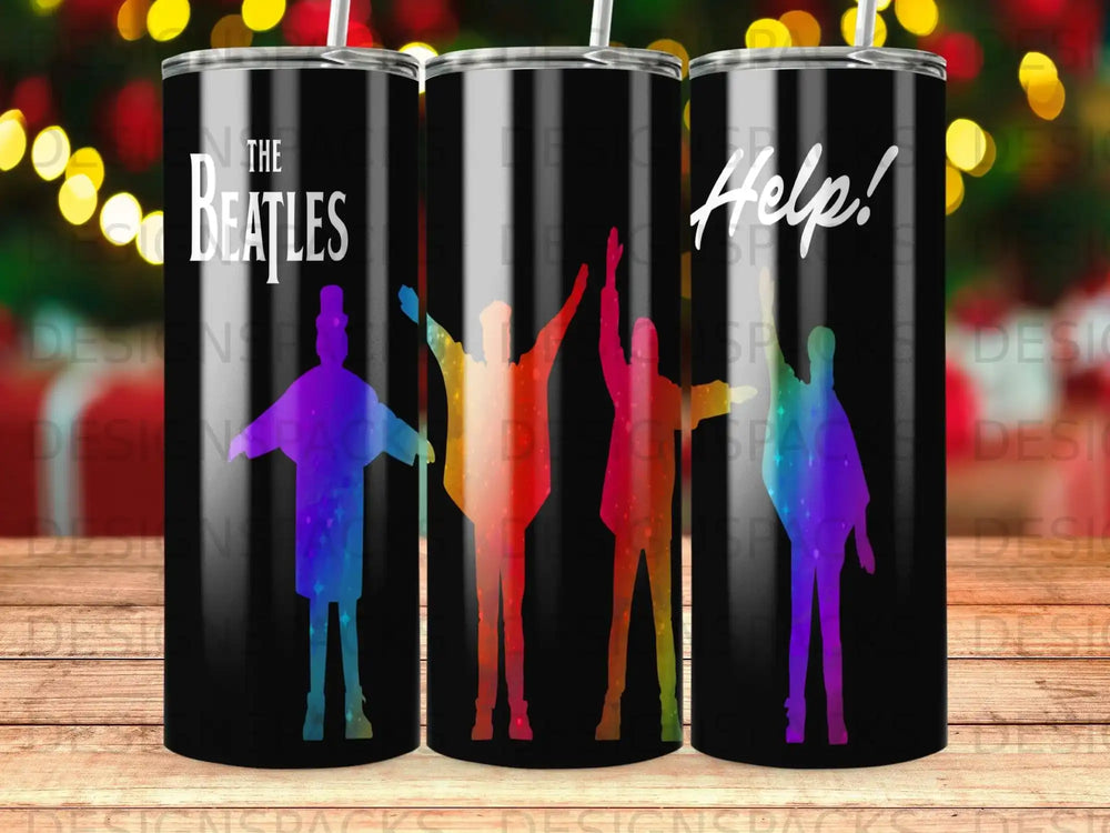 The Beatles logo and colorful silhouettes on black tumblers.
