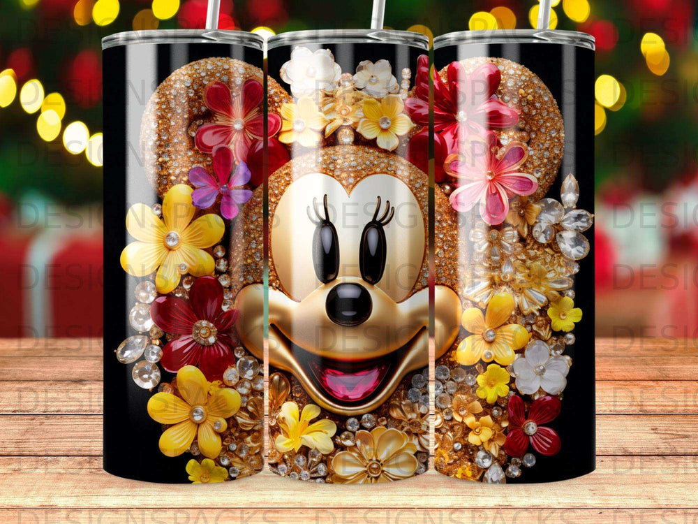 Minnie Mouse tumbler with floral and jewel embellishments.