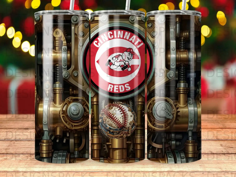 Cincinnati Reds logo with steampunk gears and baseball on a tumbler.