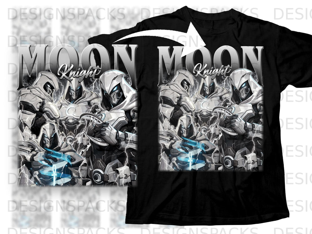 Black t-shirt with "Moon Knight" text and character art.
