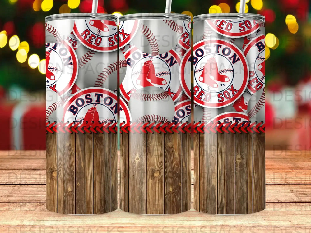 Red Sox baseball pattern tumbler with wood grain base and decorative stitching.