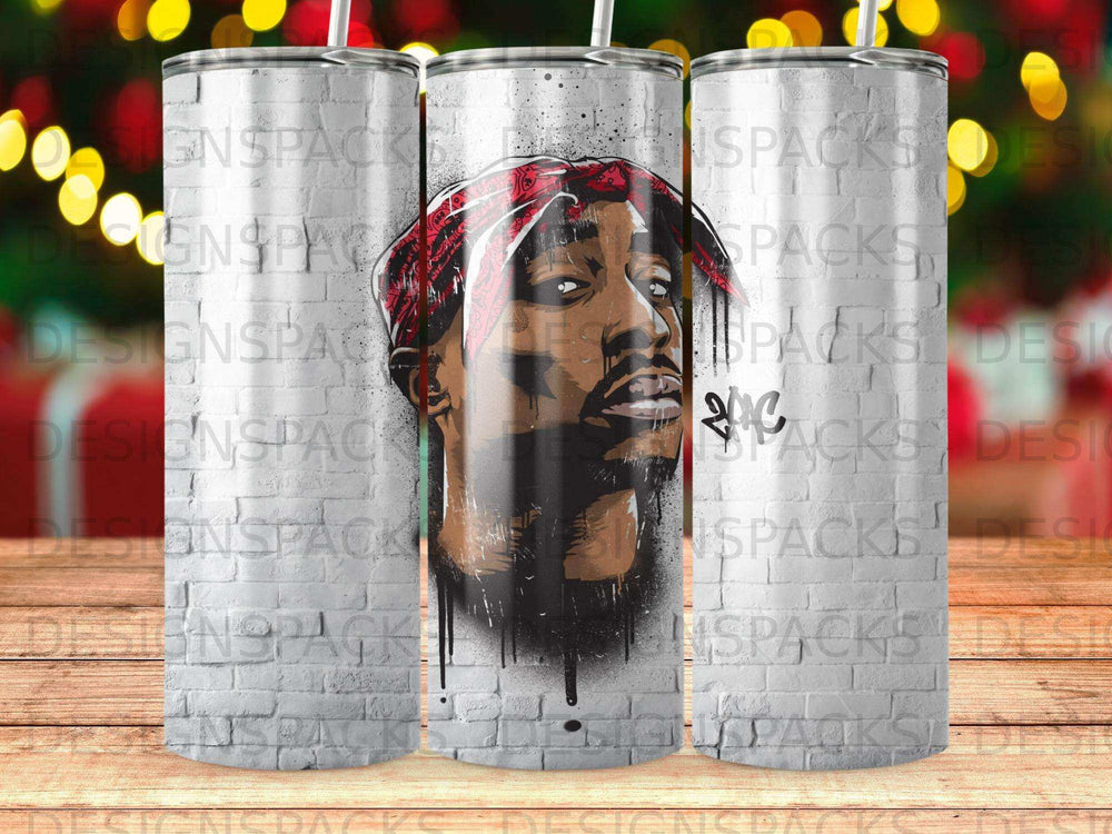 Tupac Shakur portrait with red bandana on a tumbler.