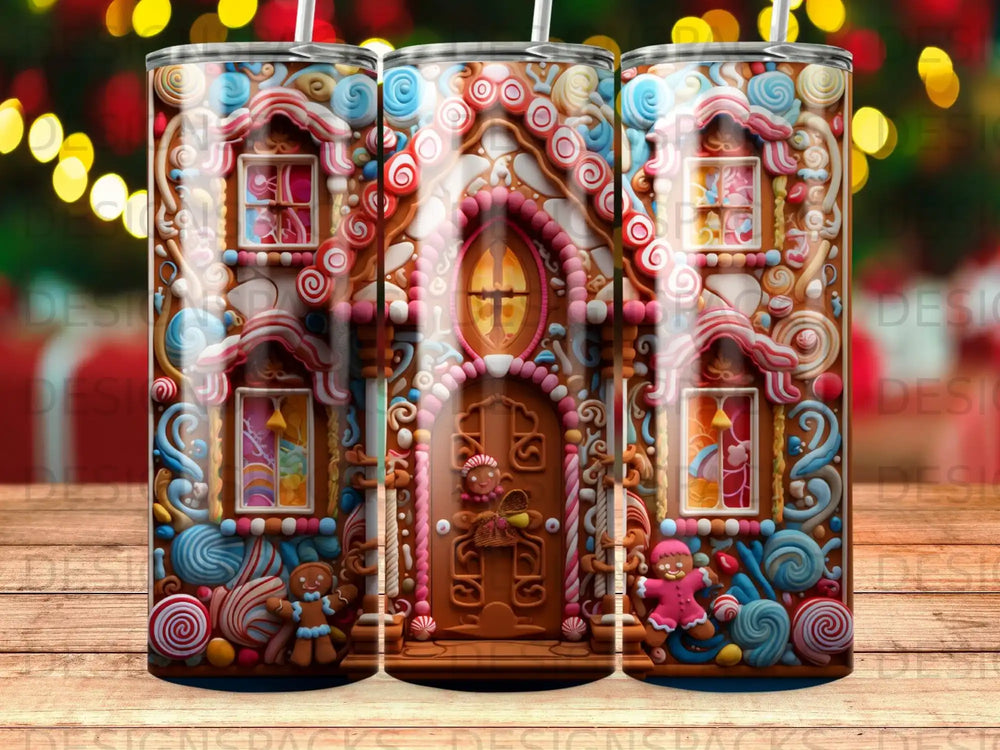 Gingerbread house tumbler with cookies, candy canes, and icing decorations.
