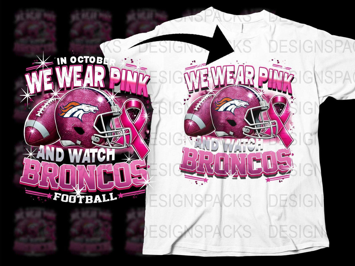 October Breast Cancer Awareness Football T-Shirt, Pink Broncos Fan Gear, Unisex Sports Apparel