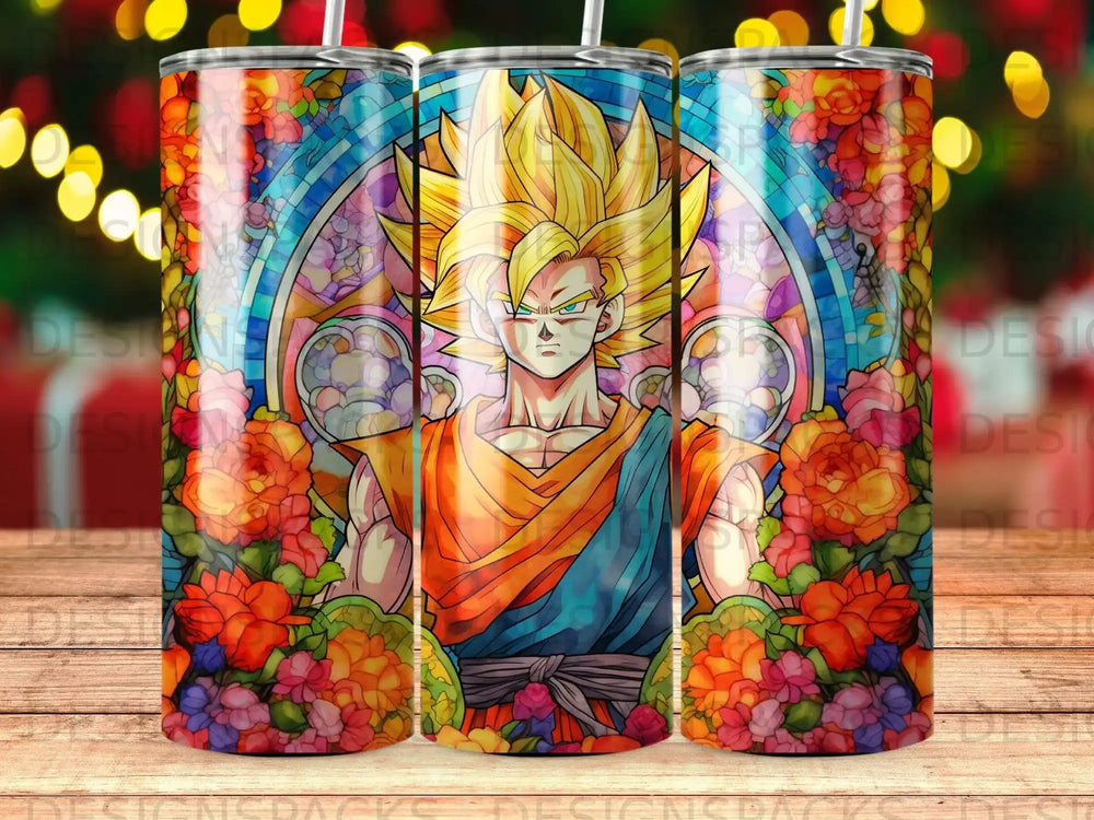 Goku from Dragon Ball Z in a stained-glass style with floral borders.
