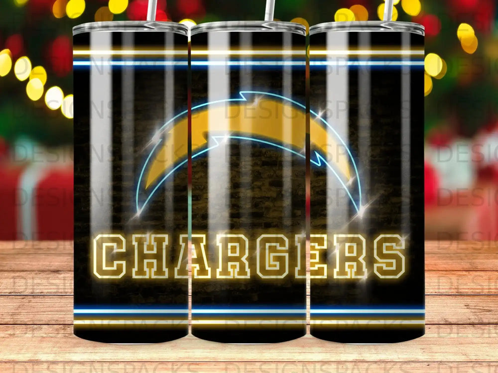 Los Angeles Chargers logo with neon lights on a black background.