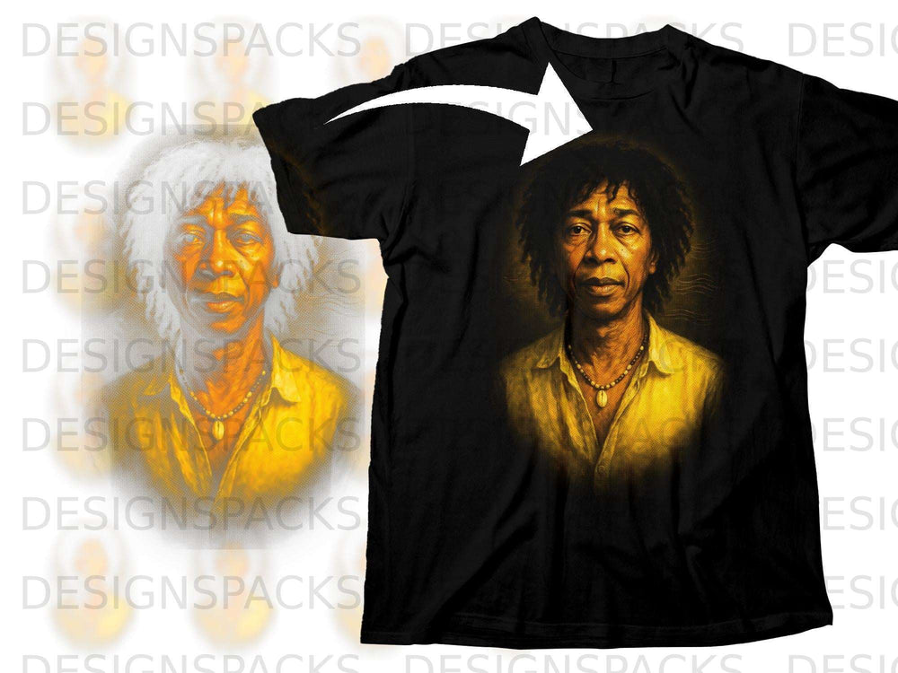 Black t-shirt featuring a portrait of a man with curly hair and a necklace.