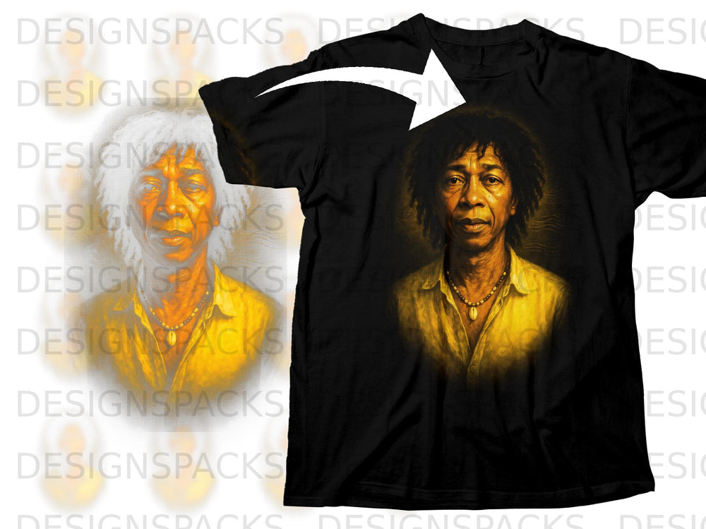 Black t-shirt featuring a portrait of a man with curly hair and a necklace.