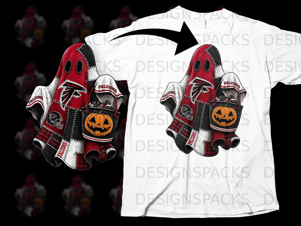 Falcons themed ghost with pumpkin bucket on a white t-shirt.