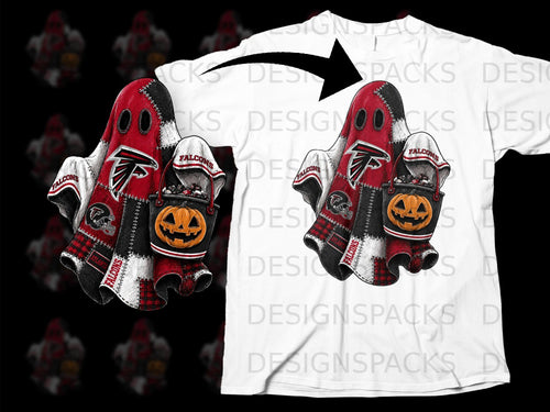 Falcons themed ghost with pumpkin bucket on a white t-shirt.