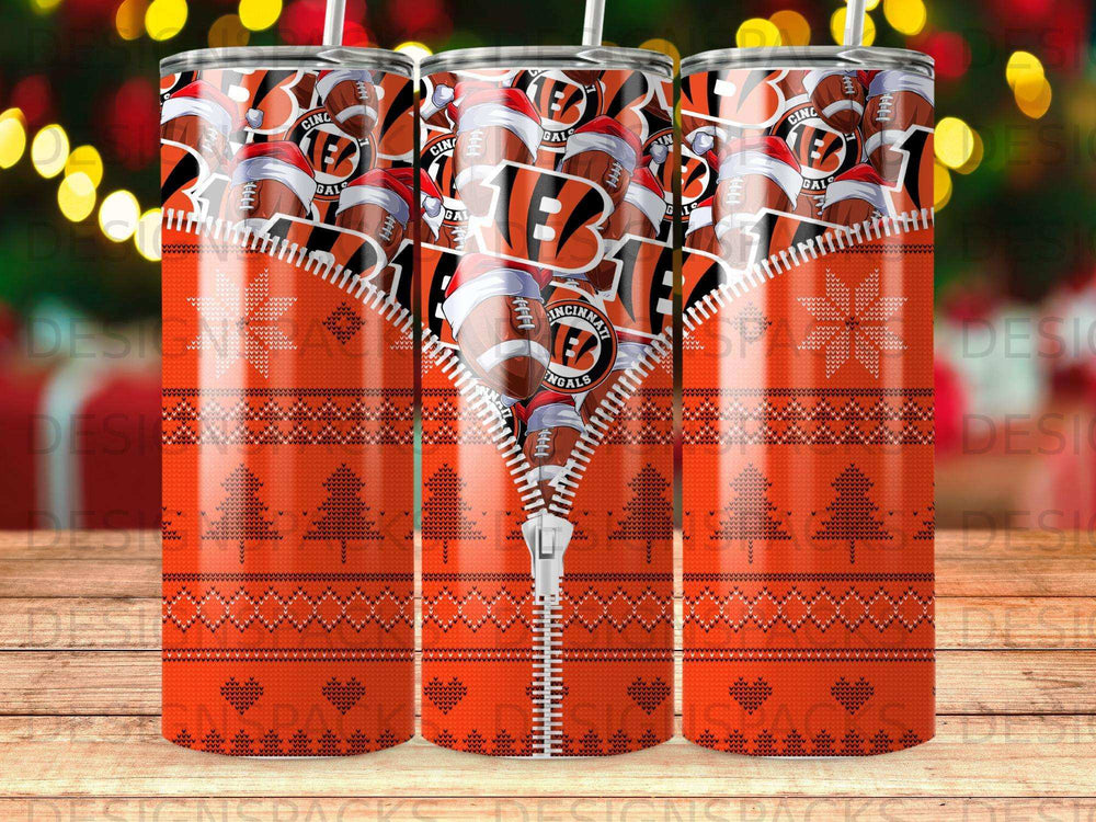 Cincinnati Bengals insulated tumbler with football pattern and snowflake border.