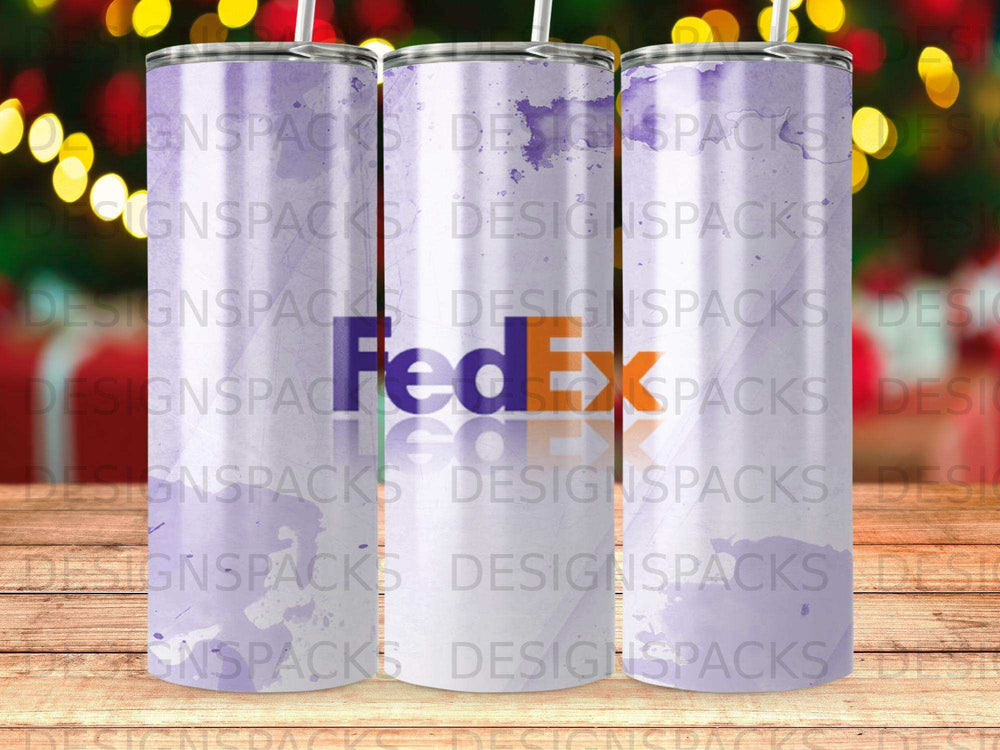 FedEx logo on a purple and white patterned tumbler.