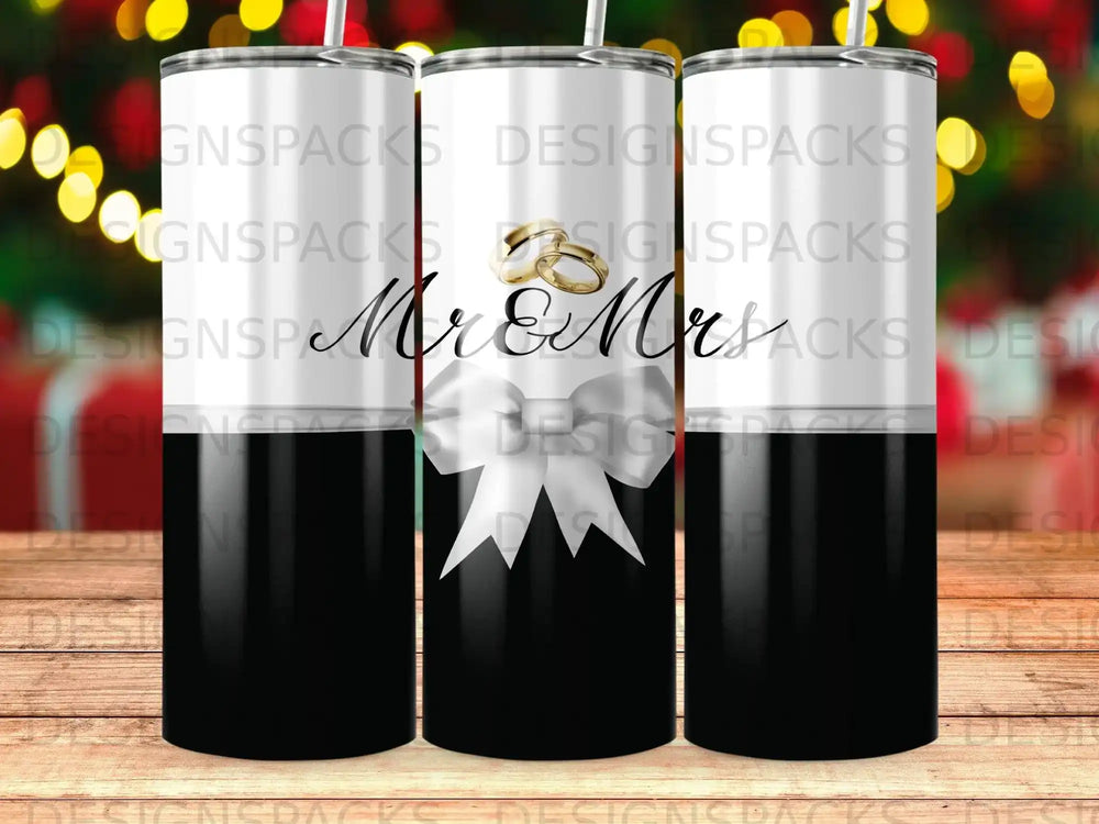 Mr & Mrs wedding rings bow design black white tumbler product type