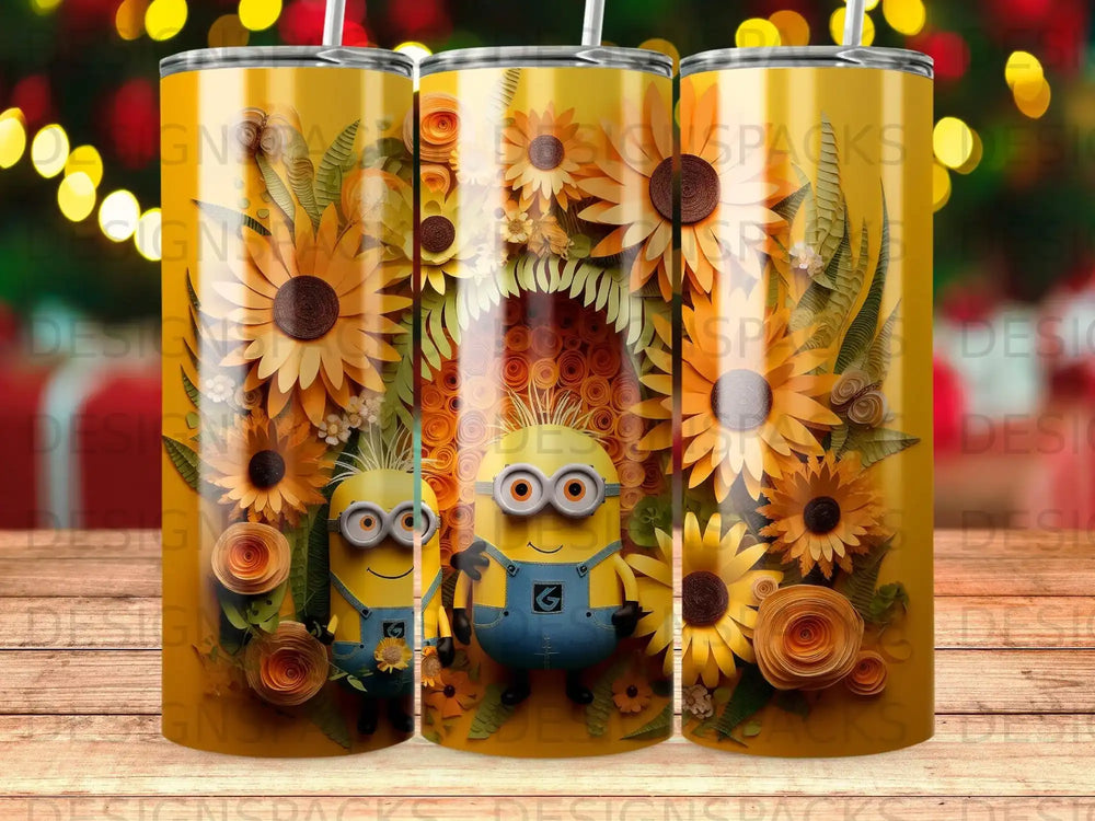 Minions and sunflowers pattern on a yellow tumbler.