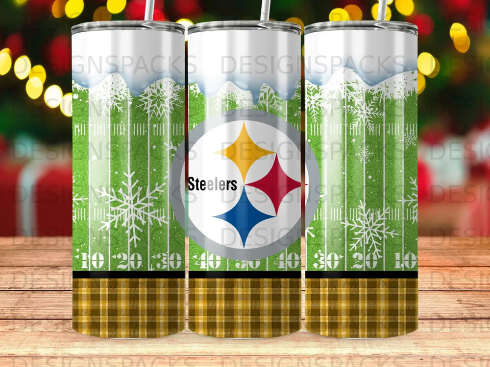 Pittsburgh Steelers logo with plaid and snowflake background on tumblers.