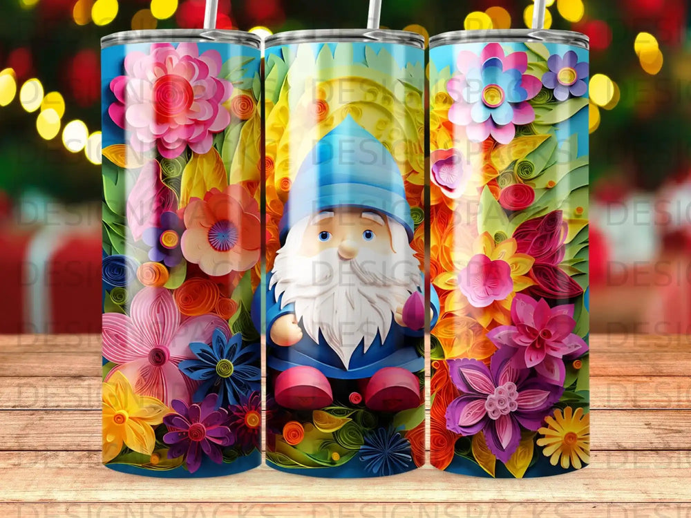 Three tumblers featuring a gnome surrounded by colorful floral papercraft designs.