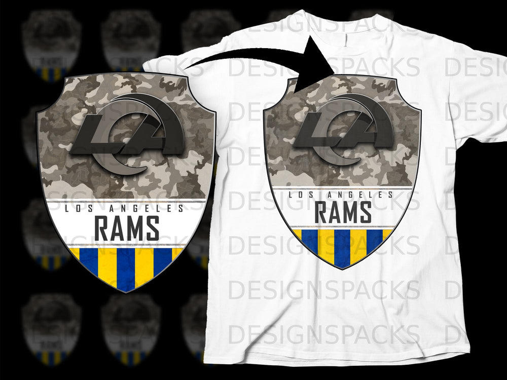 Los Angeles Rams shield logo with camouflage pattern on white t-shirt.