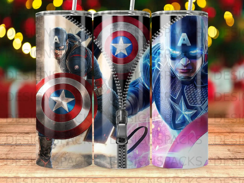 Captain America superhero with shield on a cylindrical tumbler design.