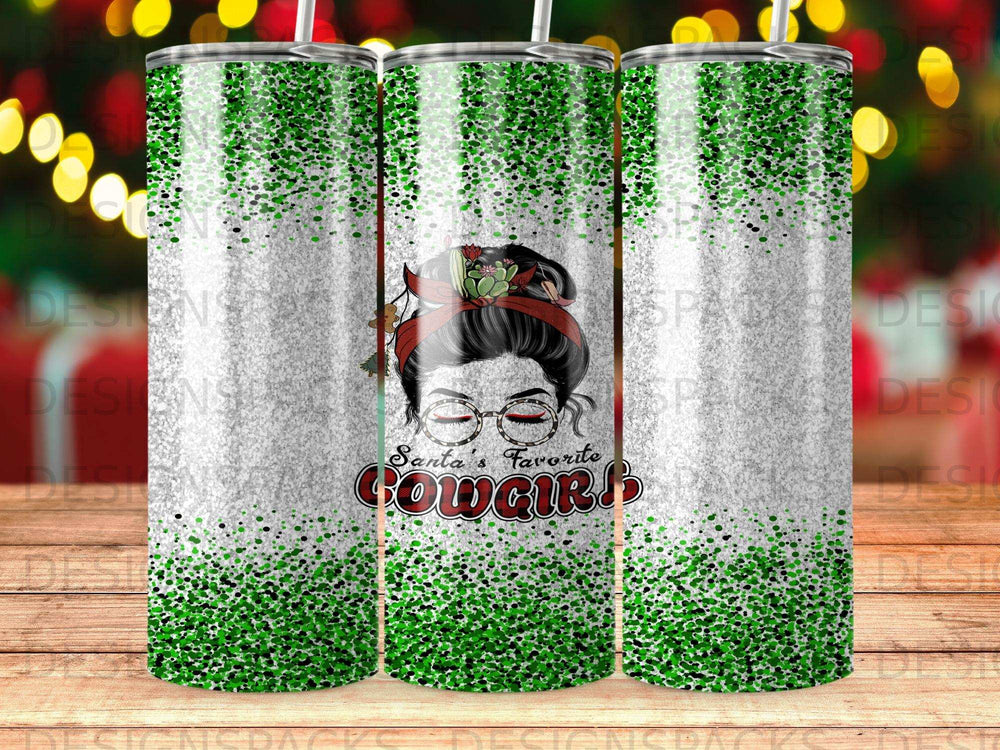 Santa's Favorite Cowgirl tumbler with green glitter and festive background.