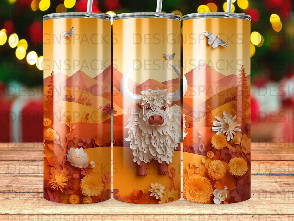 Three tumblers with a white Highland cow and floral autumn design.