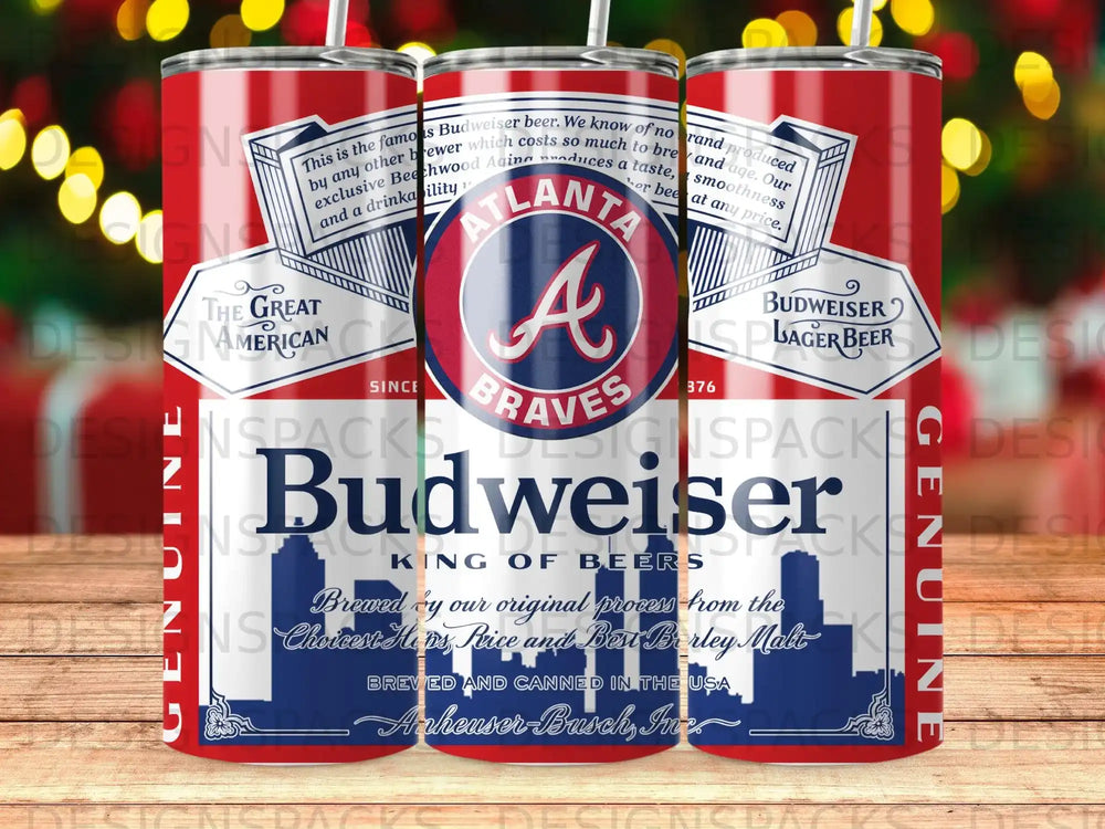 Budweiser beer can with Atlanta Braves logo, featuring "Budweiser King of Beers."