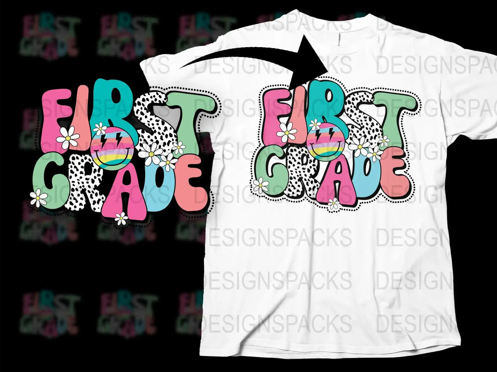Colorful First Grade Teacher T-Shirt, Retro 70s Style, Floral Pattern, Unisex Adult Clothing