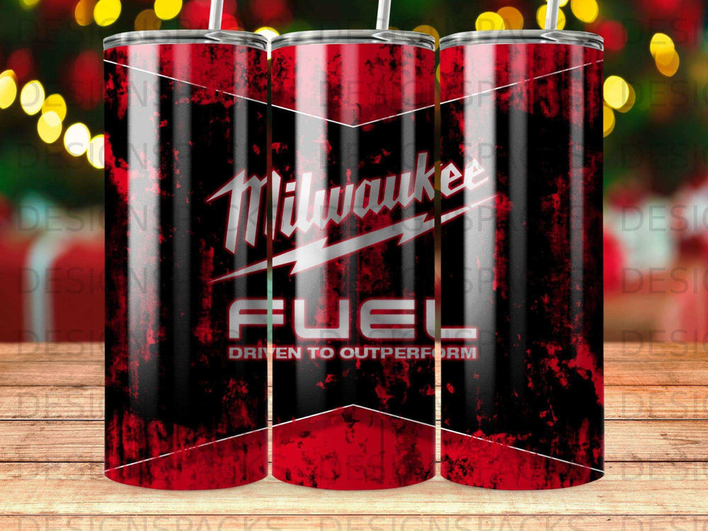 Milwaukee FUEL tumbler with red and black distressed design.