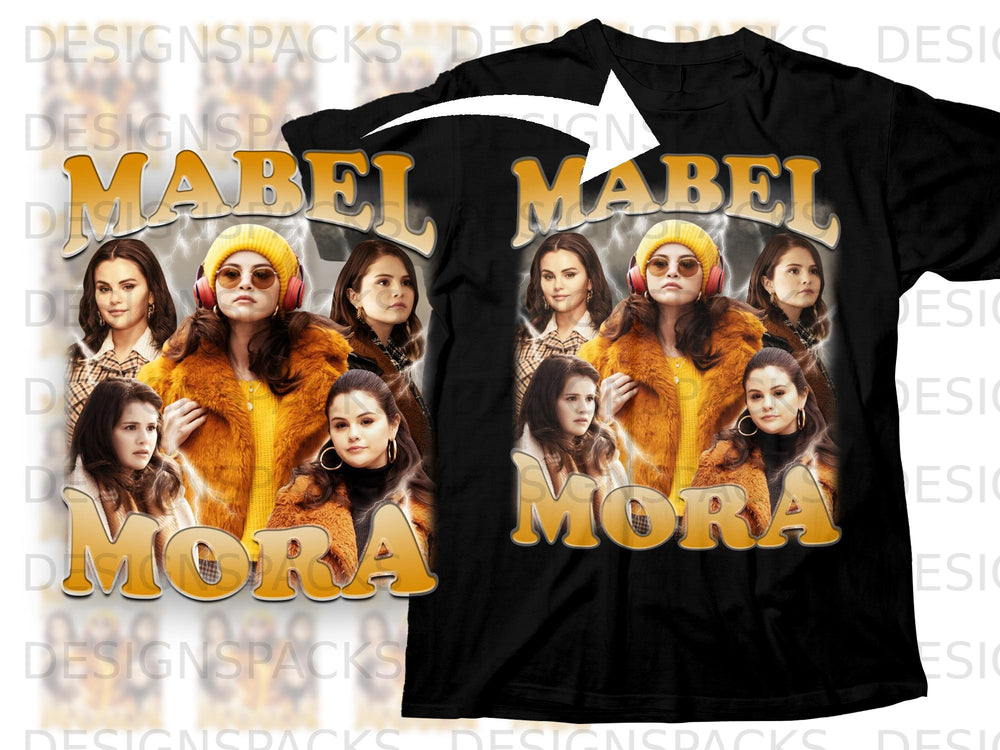 Black t-shirt with "Mabel Mora" in bold yellow letters and a collage of Selena Gomez.