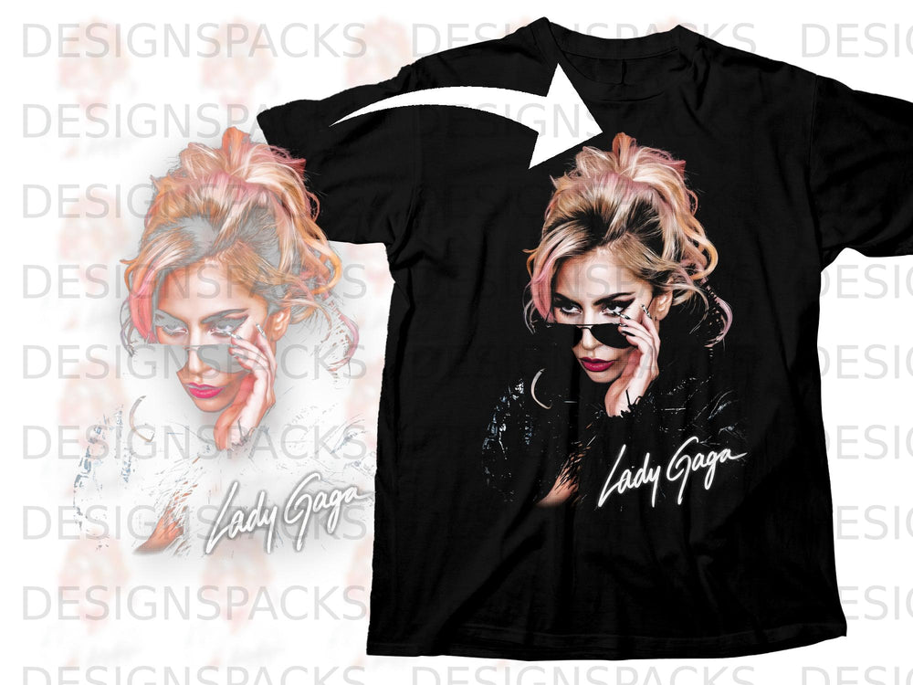 Black t-shirt featuring Lady Gaga graphic with her signature.