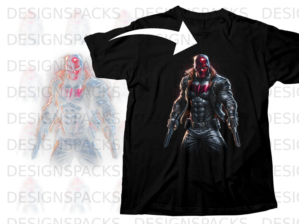 Black t-shirt with Red Hood illustration holding two guns.