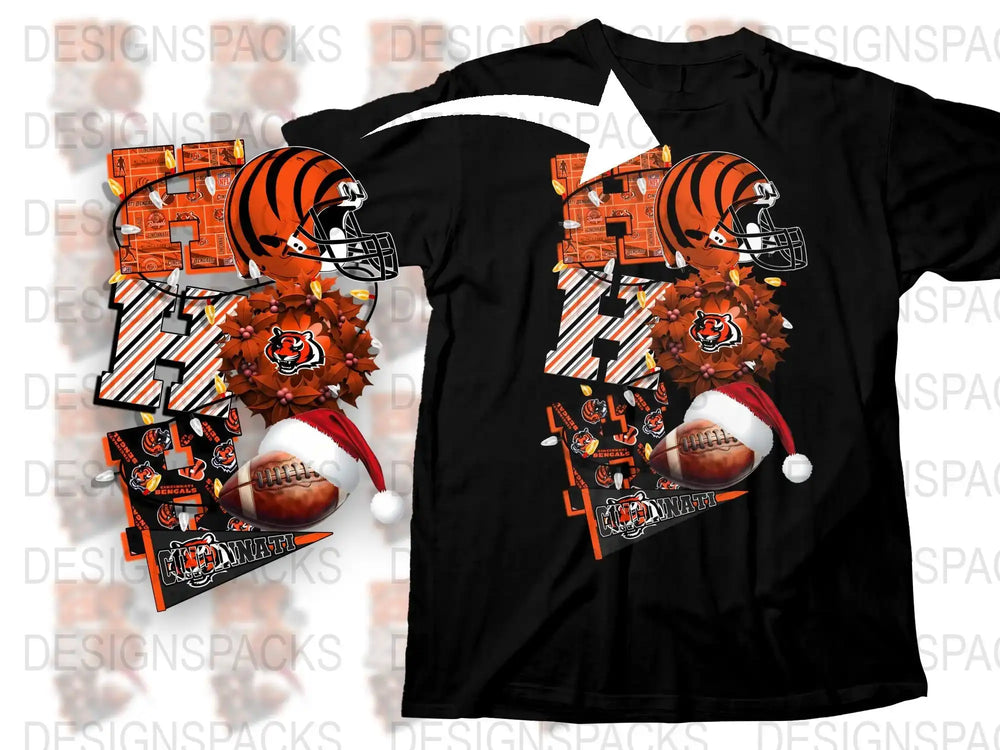 Sports Team Holiday T-Shirt, Festive Football Santa Helmet Graphic Tee, Casual Black Shirt for Fans