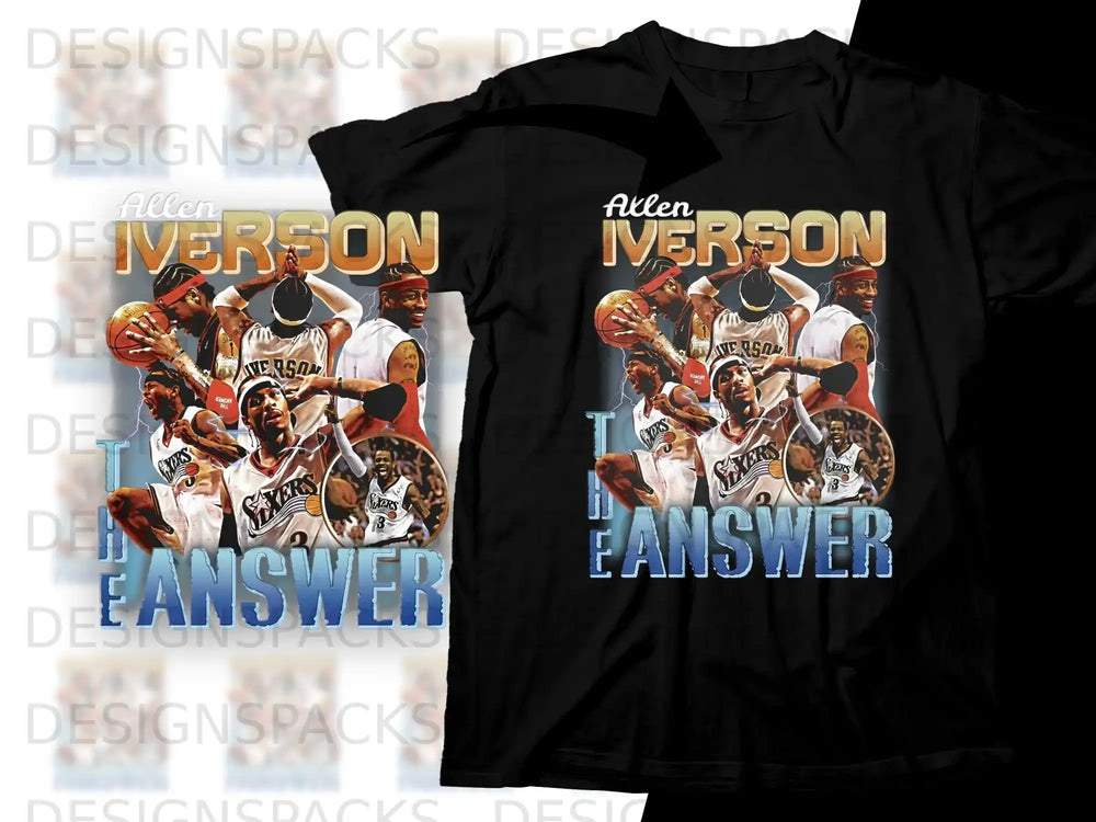 Allen Iverson "The Answer" collage t-shirt with team logos and player name.