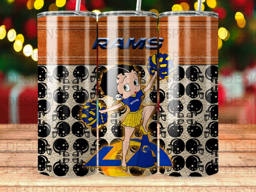 Betty Boop in Rams cheerleader outfit holding pom-poms on a tumbler.
